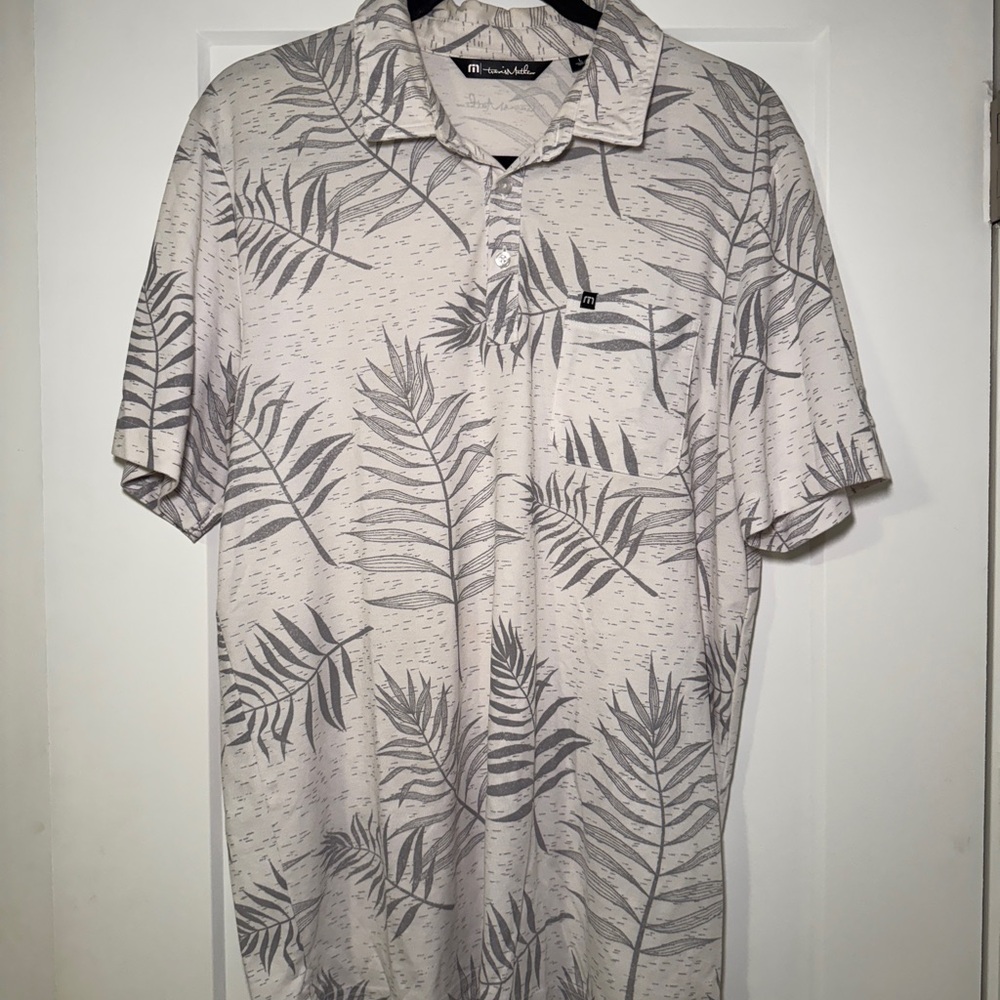 Travis Mathew Cream and Gray Leaf Print Shirt
